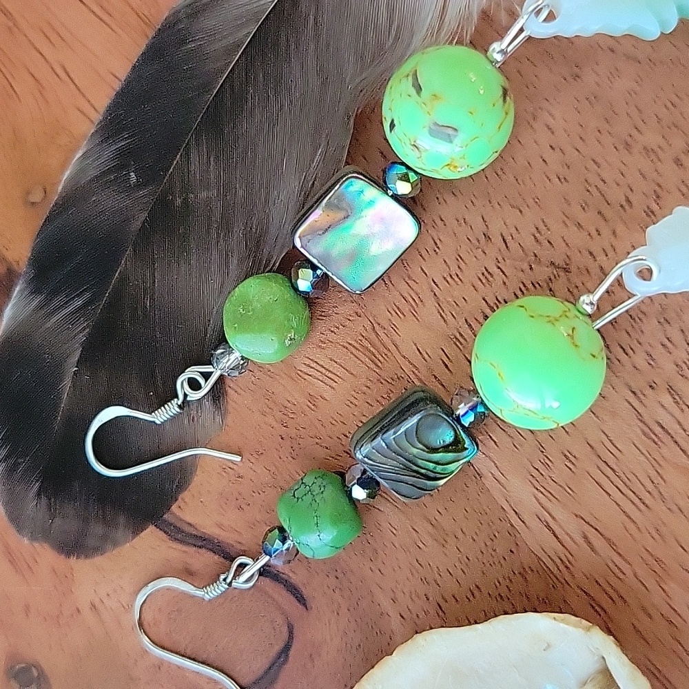 Southwestern Green Turquoise Abalone Shell Acrylic Feather Earrings Boho Western - Picture 4 of 5